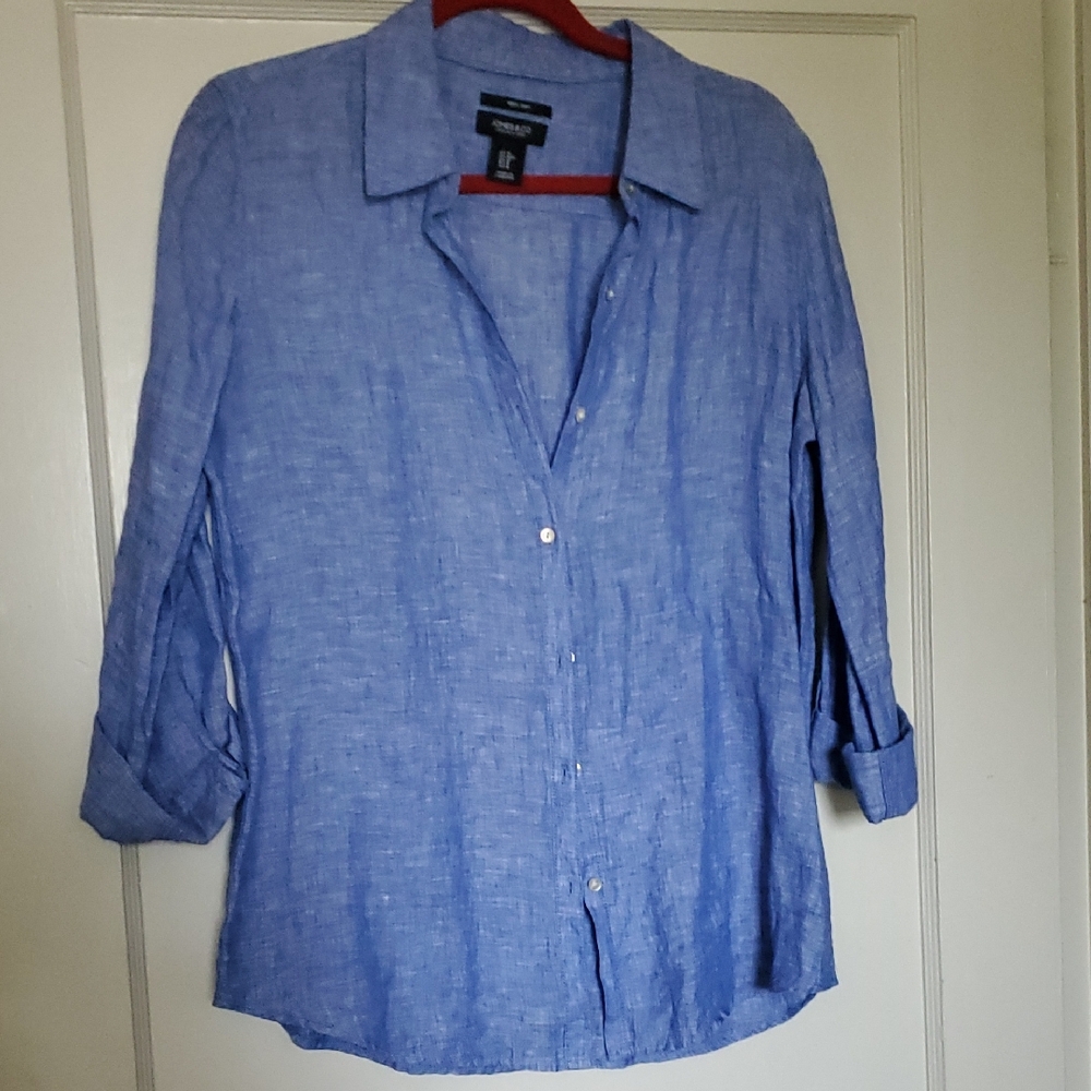 Jones New York Blue‎ Linen Button Down Shirt Sz M